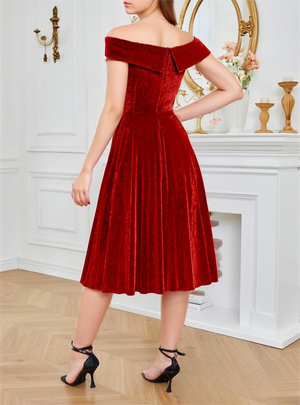 One-shoulder Christmas Velvet Claret A-line Skirt Cocktail Party Formal Midi Dress