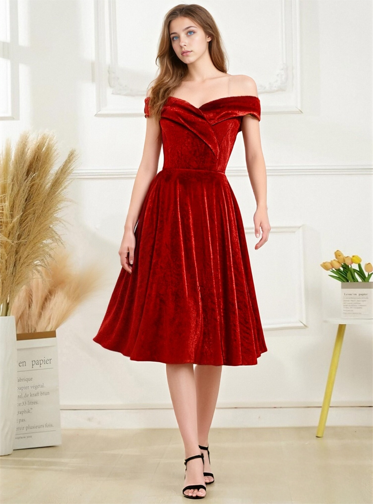 One-shoulder Christmas Velvet Claret A-line Skirt Cocktail Party Formal Midi Dress