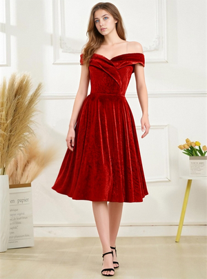 One-shoulder Christmas Velvet Claret A-line Skirt Cocktail Party Formal Midi Dress