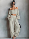 Solid Color Off-shoulder Long-sleeved Top And Wide-leg Pants Two-piece Set