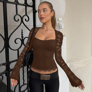Lace Patchwork Hollow Design Long-sleeved Waist-cinching Top