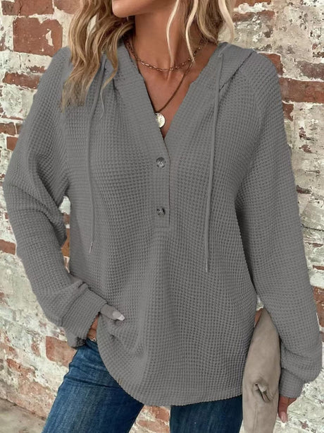 Waffle Drawstring Buttons V-neck Long Sleeve Hoodie