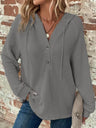 Waffle Drawstring Buttons V-neck Long Sleeve Hoodie