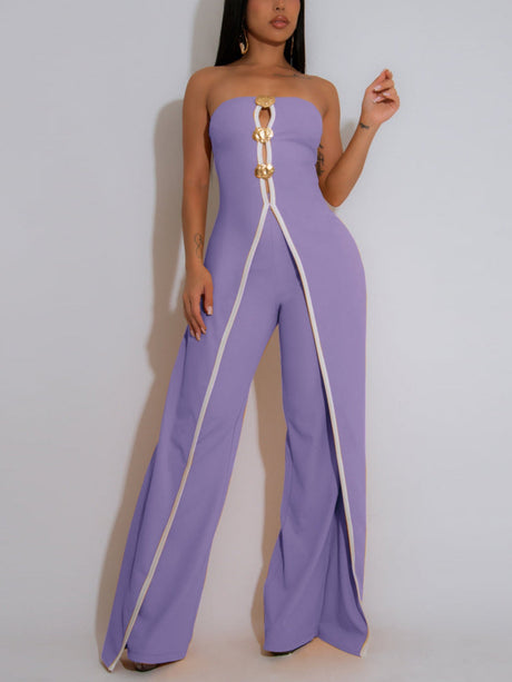 Strapless Faux Two-Piece Sleeveless Metal Buckle Jumpsuits