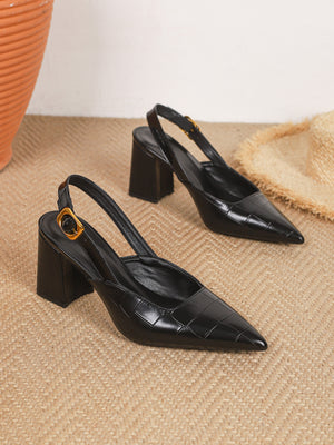 Pointed-toe Embossed Patchwork Open-back High Heels