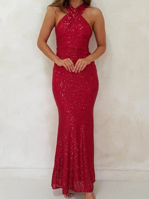 Neckband Evening Gown Sleeveless Sequined Long Dress