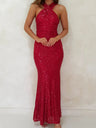 Neckband Evening Gown Sleeveless Sequined Long Dress