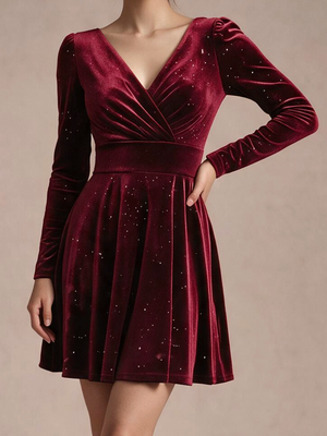 V-neck Solid Color Mini&Short Dresses