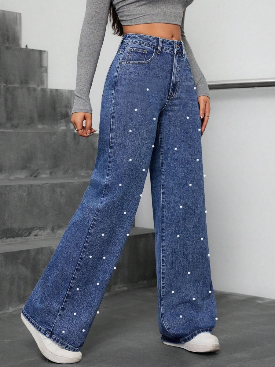 Wash Water High Waist Straight Beading Jeans