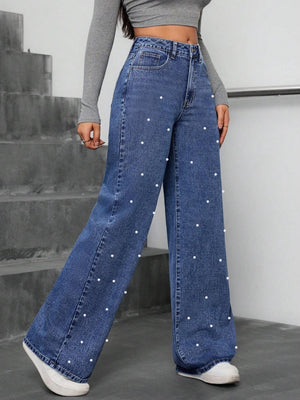 Wash Water High Waist Straight Beading Jeans