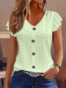 Jacquard Hollow Out Lotus Leaf Sleeves Buttons Crew Neck T-shirts