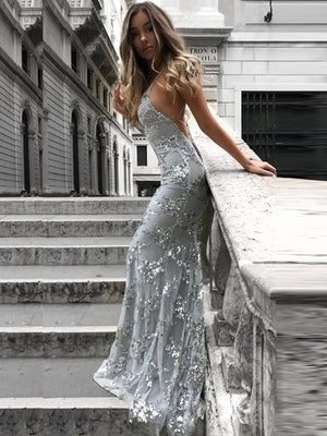 Sequined Mesh Slim-fitting Long Dress With A Train And Sexy Backless Design