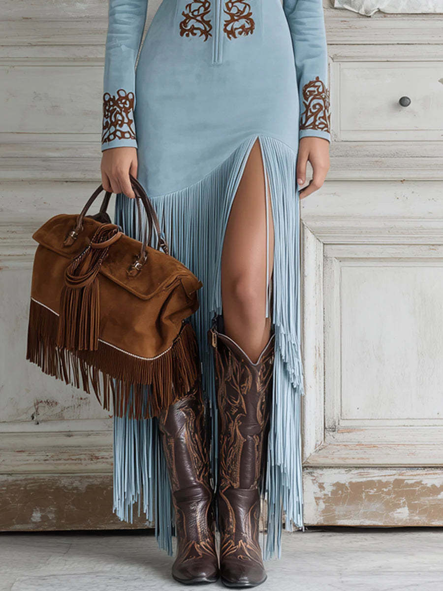 Slim-fit Embroidered Tassel Long Dress