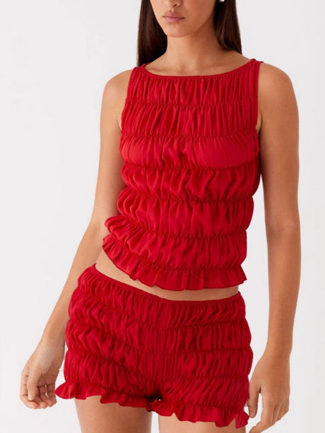 Pleated Navel Curled Hem Backless And Navel Exposed 2-piece Sets