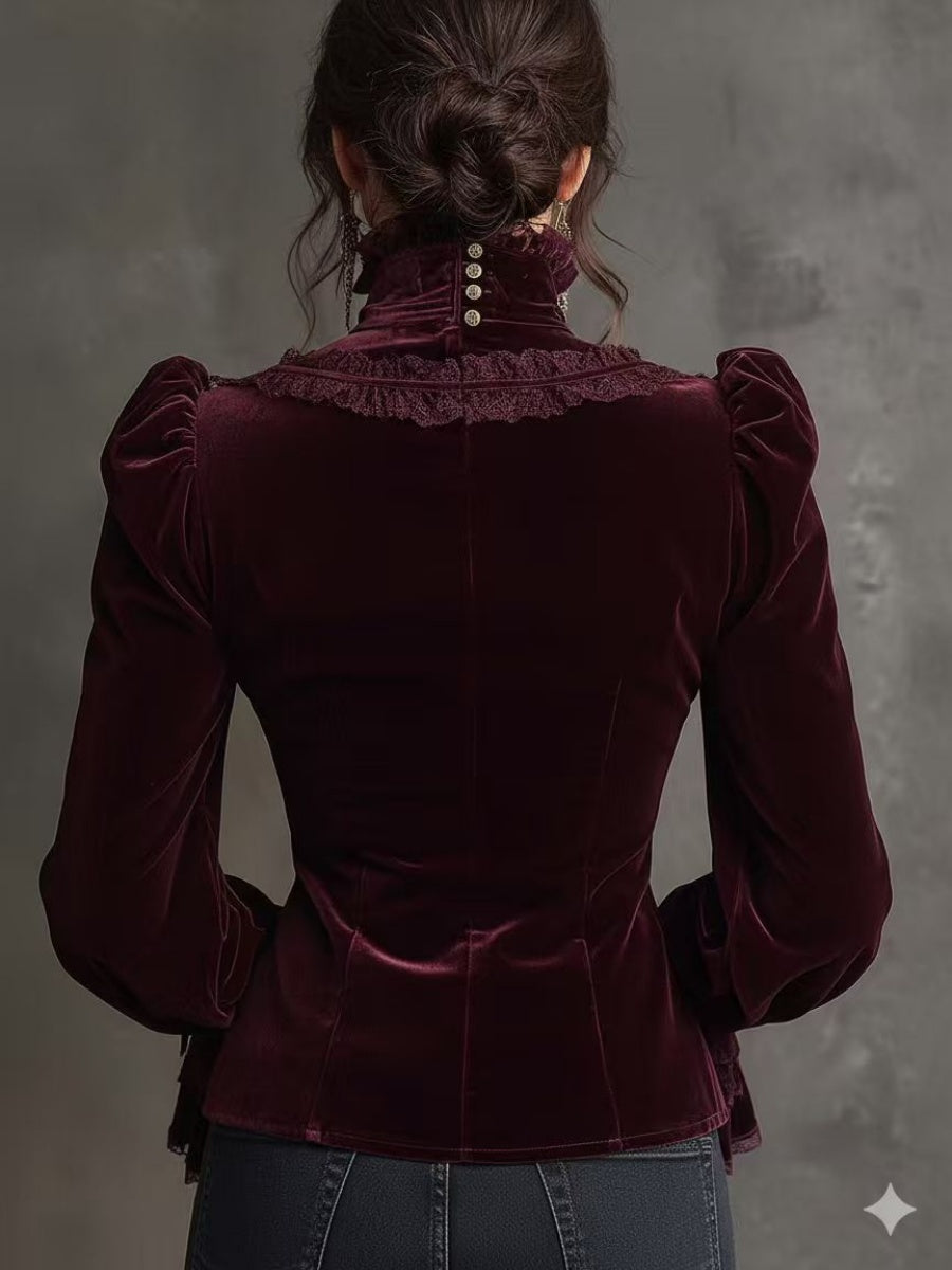 Chemises à col roulé à manches longues en dentelle de velours