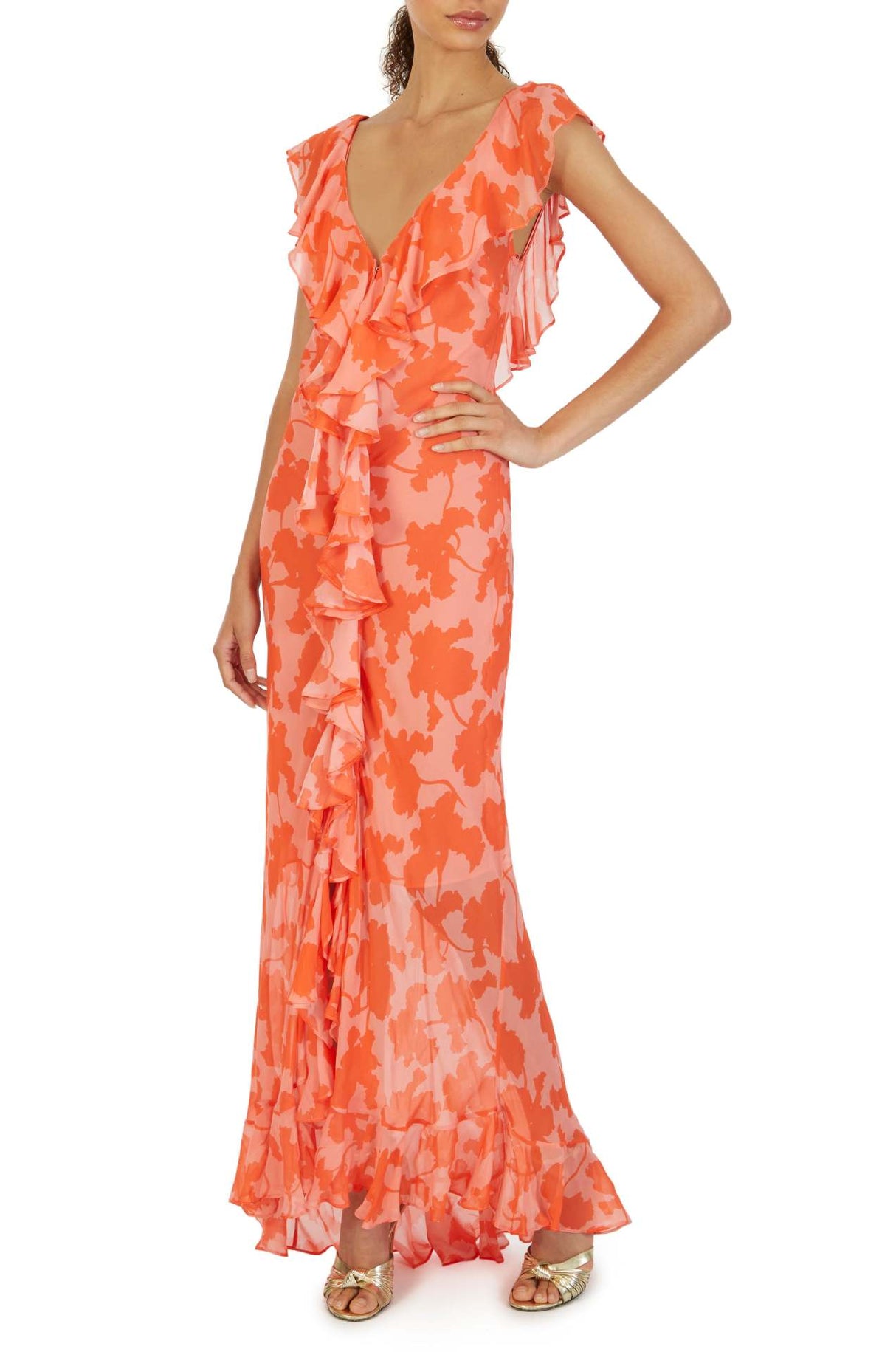 Ruffle High Slit V-neck Perspective Formal Dress Maxi Dresses