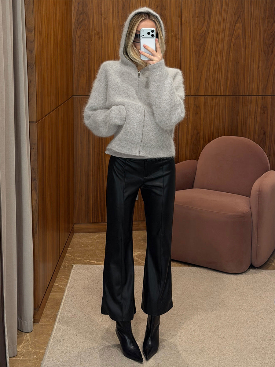 Faux Mink Fur Hooded Zip-up Cardigan Sweater With Double Pockets And Knitted Trousers Two-piece Set
