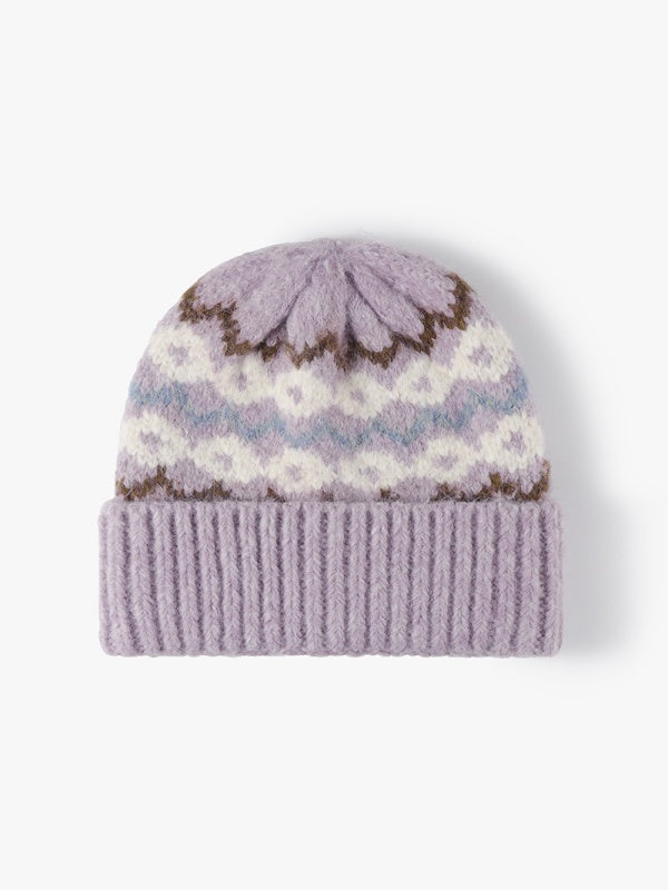 Gestreifte Jacquard-Mütze mit Umschlag, dick gestrickte Wintermütze, mit Thermofleece gefüttert, Einheitsgröße
