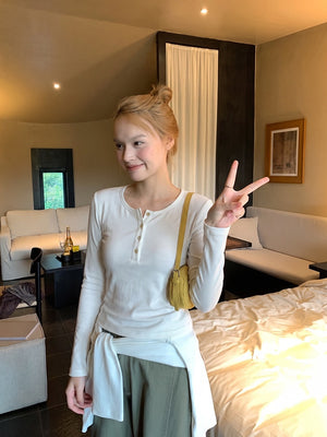 Korean Style Henley Collar Top With Straight Shoulders