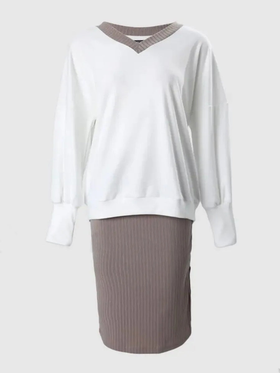 Loose-fit V-neck Sweatshirts&Hoodies Hip-hugging Slit Skirt Set 2-piece Sets