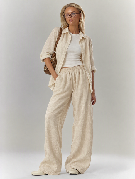 Solid Color Shirt And Trousers Set, Long-sleeved Shirt And Loose Trousers, Two-piece Set