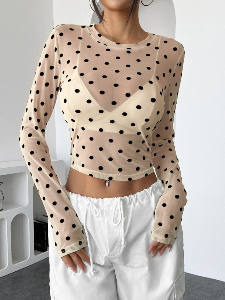 Polka Dots Mesh T-shirt Sheer Tops