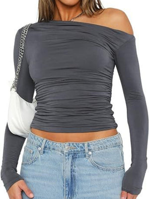 Y2K Asymmetrical Sloping Shoulders Crop Top Long Sleeves T-shirts