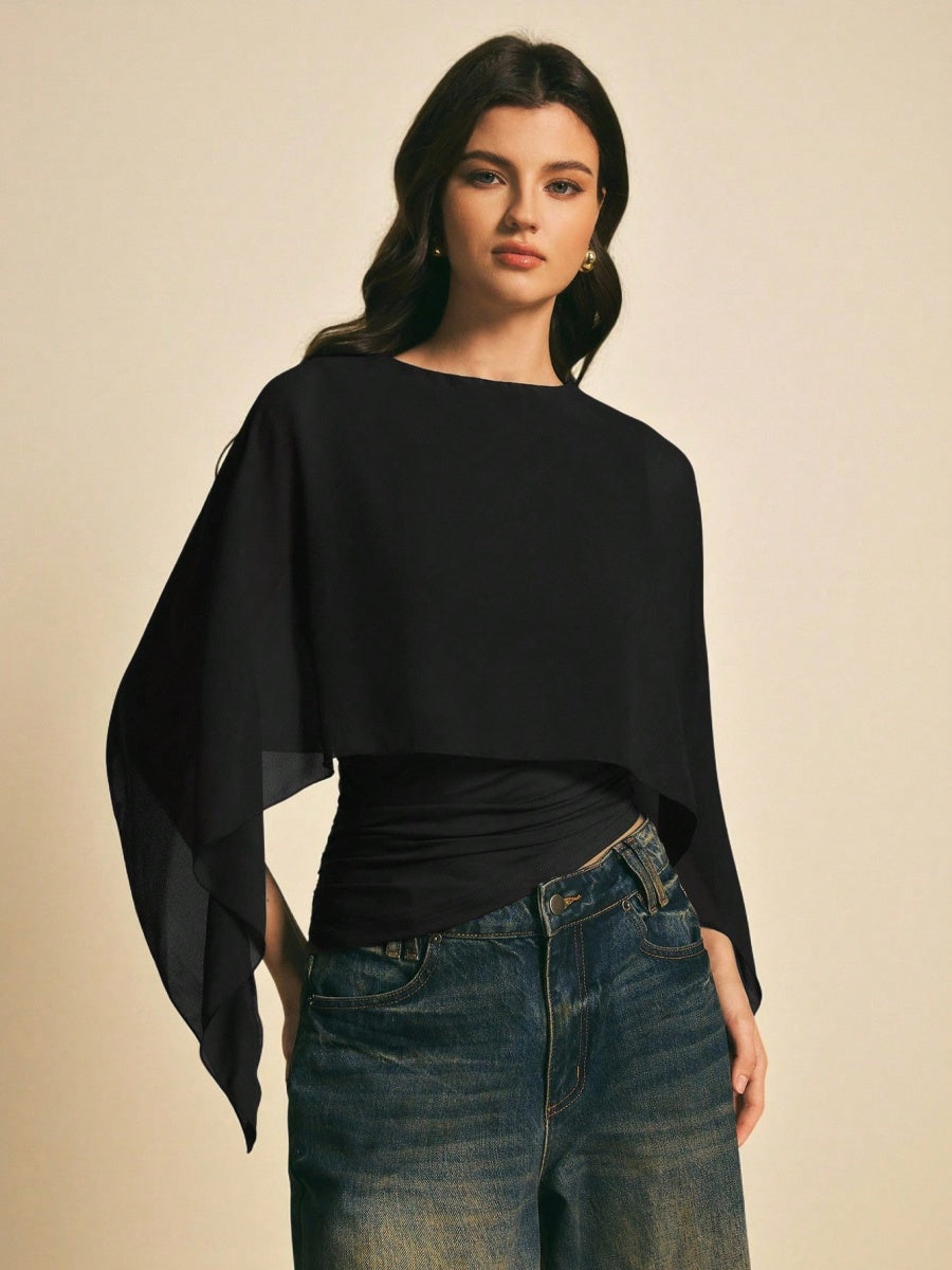 Cape-sleeve T-shirt, Round Neck, Loose Chiffon Cover-up, Elegant Irregular Top/T-shirt