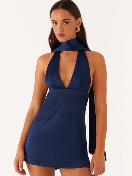 Printed Halter Neck Deep V Backless Mini&Short Dresses