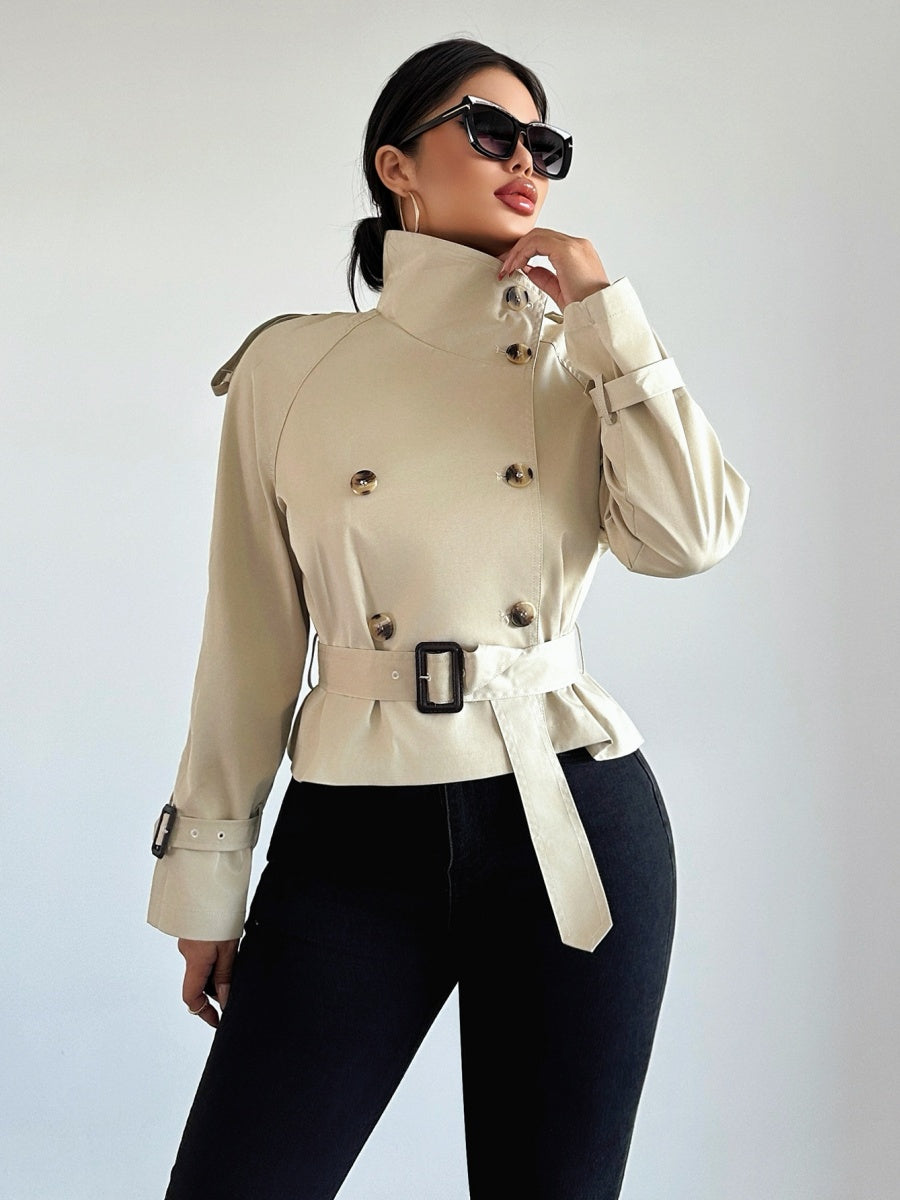 Belt Turtleneck Khaki Slim Fit Short Trench Coats