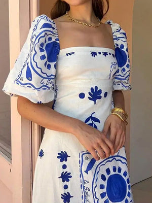 Elegant And Fashionable Printed Lantern Short Sleeves Maxi Dresses