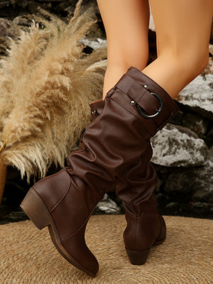 Retro Pleated Belt Buckle Mid-heel Riding Boots