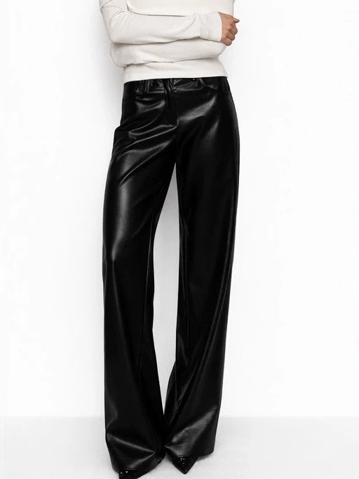 High-waisted Slim-fit Straight-leg PU Leather Pants