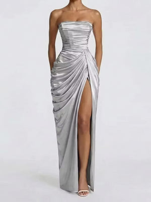 Pleated Slit Strapless Waist Maxi Dresses