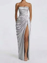 Pleated Slit Strapless Waist Maxi Dresses