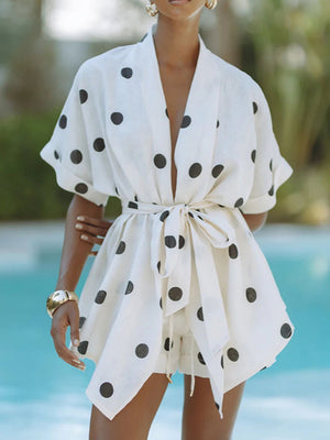 Polka Dot Batwing Sleeve Shirt And Shorts Two-piece Set