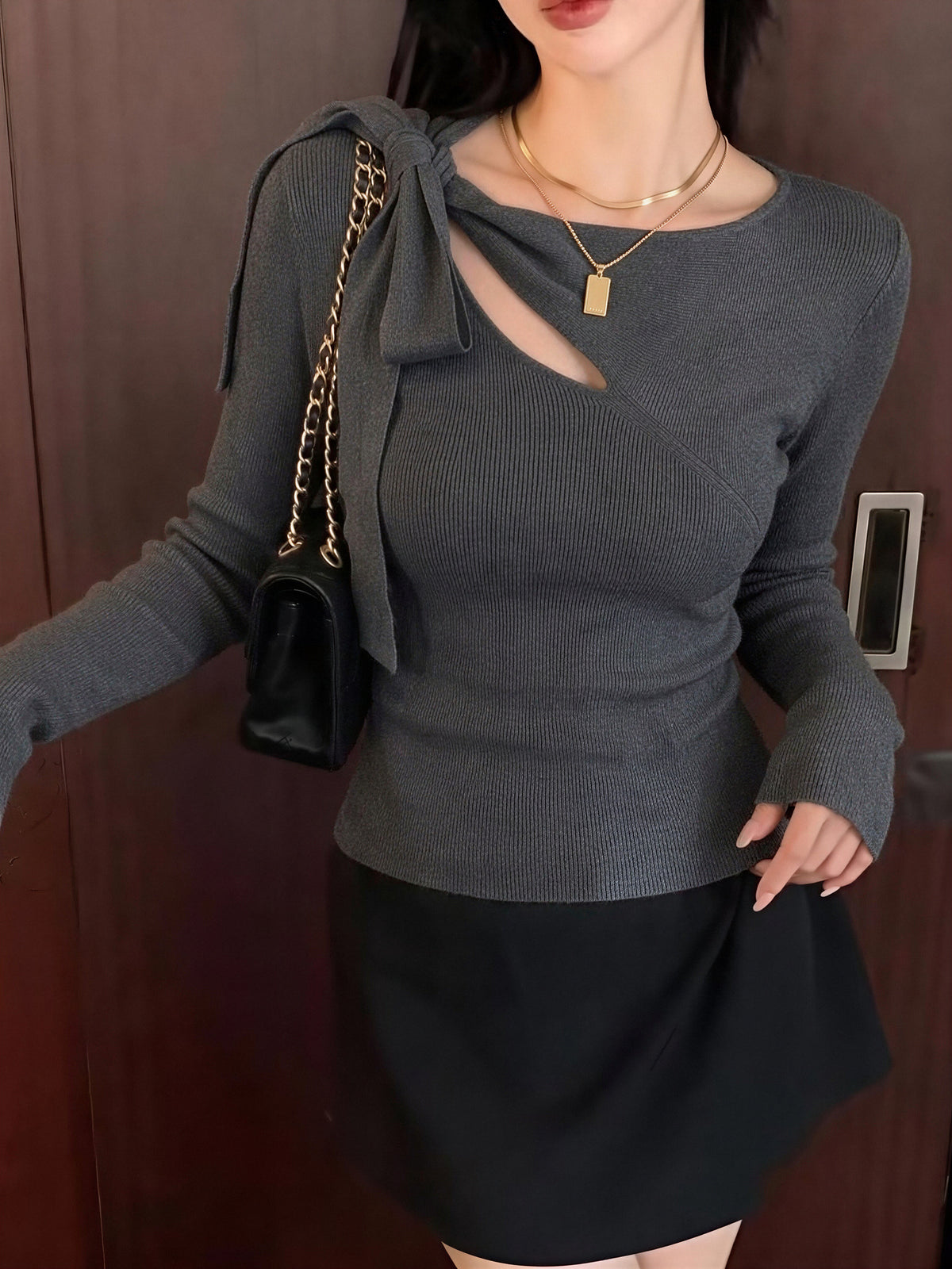 Wool Shoulder Strap Bow Openwork Asymmetrical Neck Long-sleeved Sweater