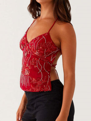 Embroidered Sequins Color Matching Strappy Backless Sweet Tank Tops&Camis