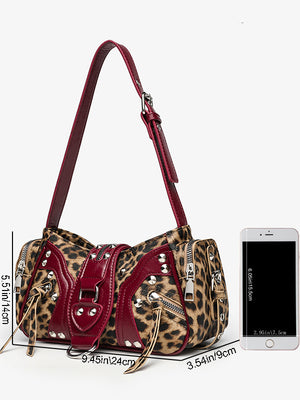 Stylish Leopard Print Edgy Biker Studded Shoulder Bag