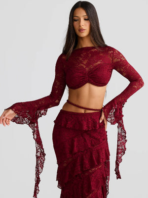 Lace Round Neck Long-sleeved Bell Sleeve Top And Layered Ribbon Skirt Two-piece Set