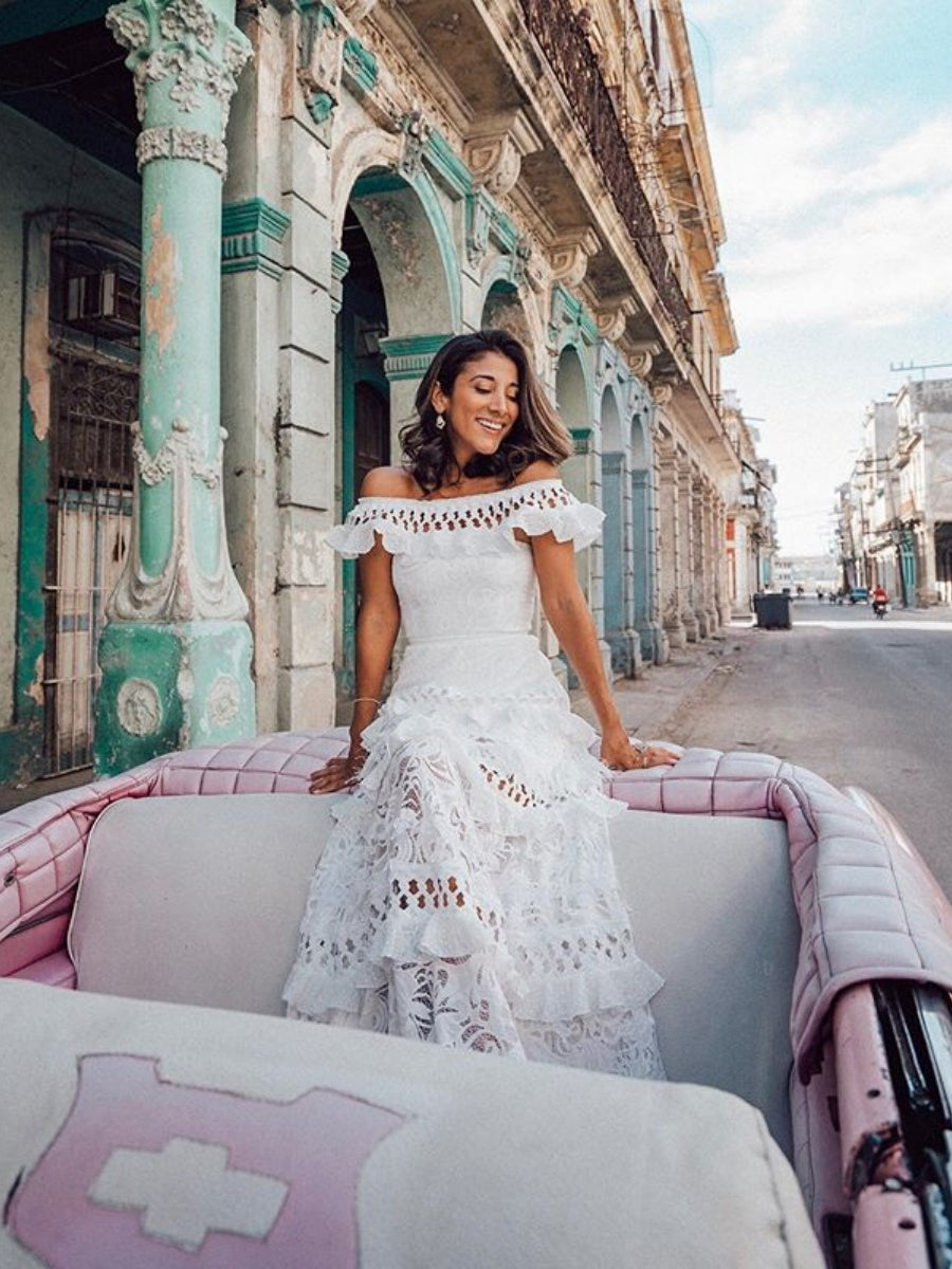 One-shoulder Ruffled Hollow Swing Lace Maxi Dresses