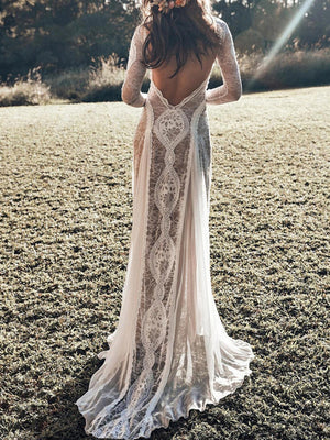 Hollow Printed Long Sleeve Bridal Wedding Dress Maxi Dresses