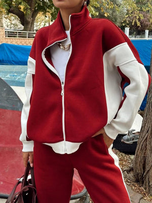 Jackets Casual Trousers Set Retro Contrasting Colors Long Sleeve Zipper Coat Two-piece Trouser Set