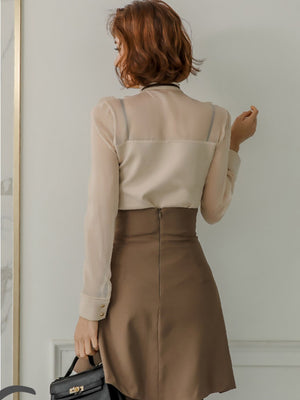 Elegant Two-piece Set: Stand-up Collar Sheer Blouse And Ruffled Skirt.