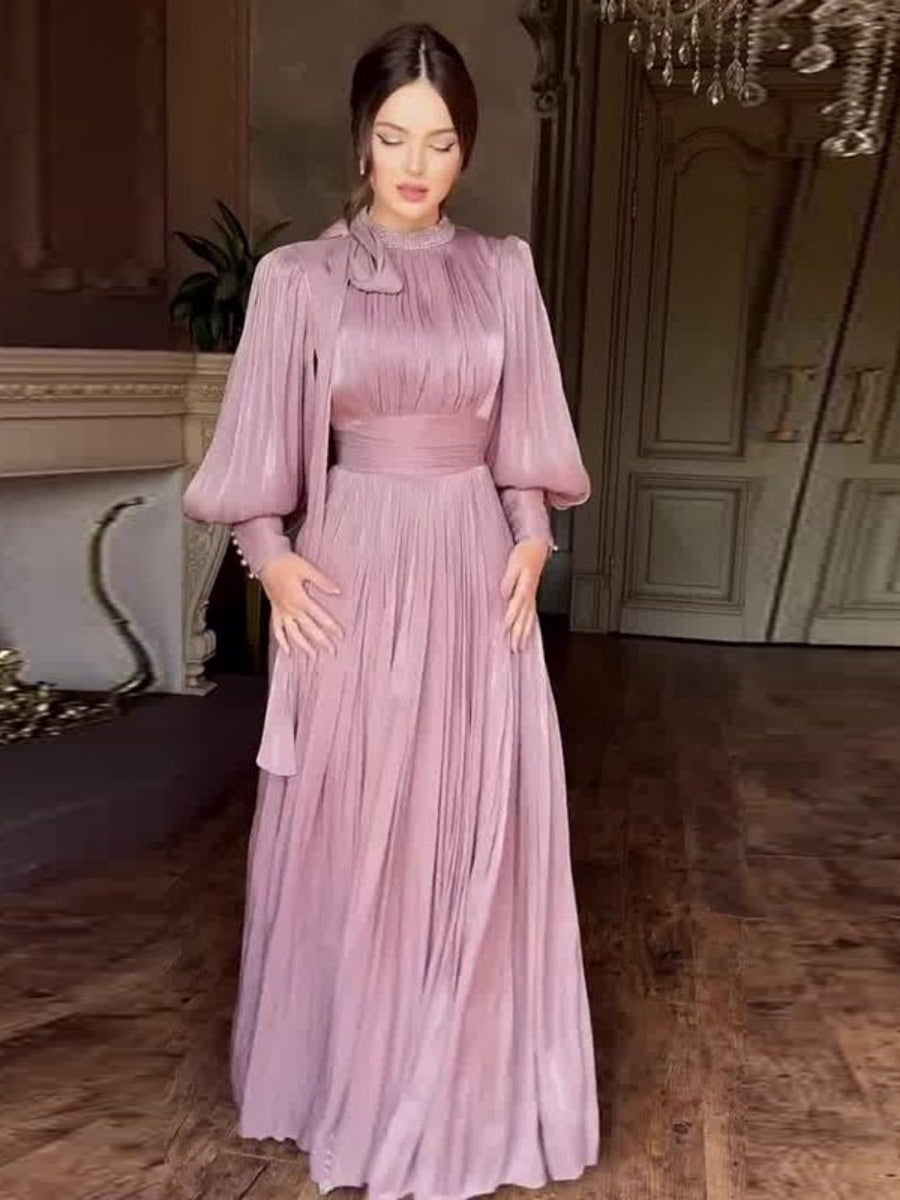 Balloon Sleeve Rhinestone-studded Waist Banquet Maxi Dresses