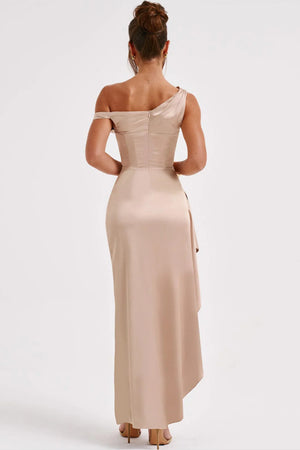 Asymmetrical Satin Shoulder Design With A Cinched Waist Solid Color Maxi Dresses