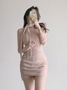 Elegant Tie-neck Fitted Long-sleeved T-shirt