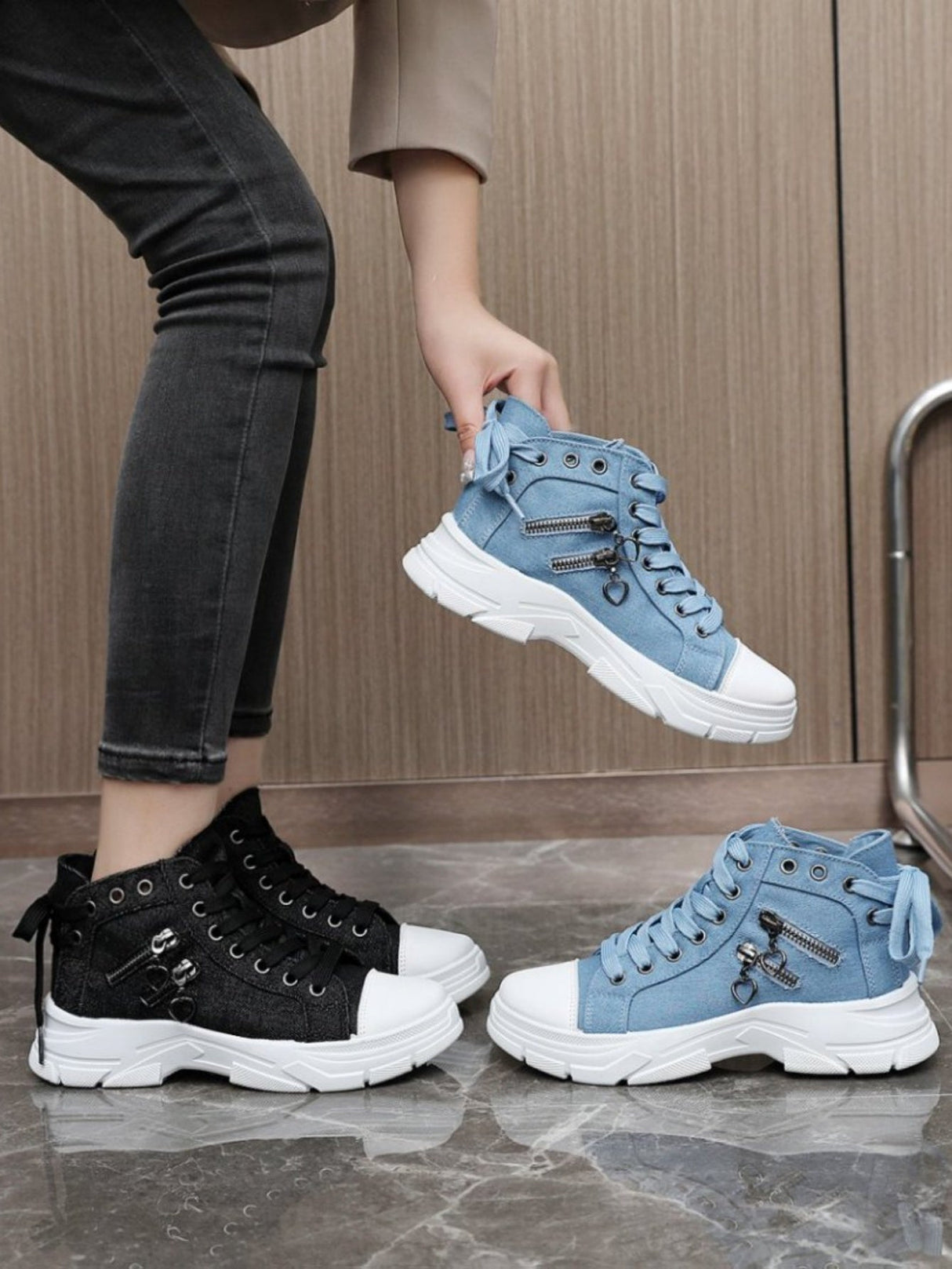 Heart Zipper Denim High-Top Casual Sneakers