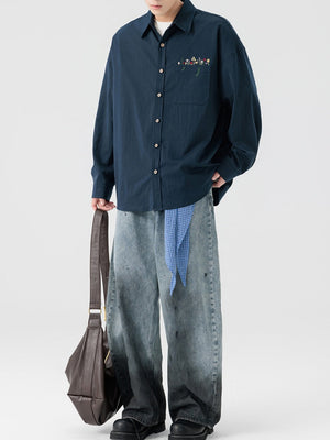 Simple Floral Embroidery Stripes Shirts