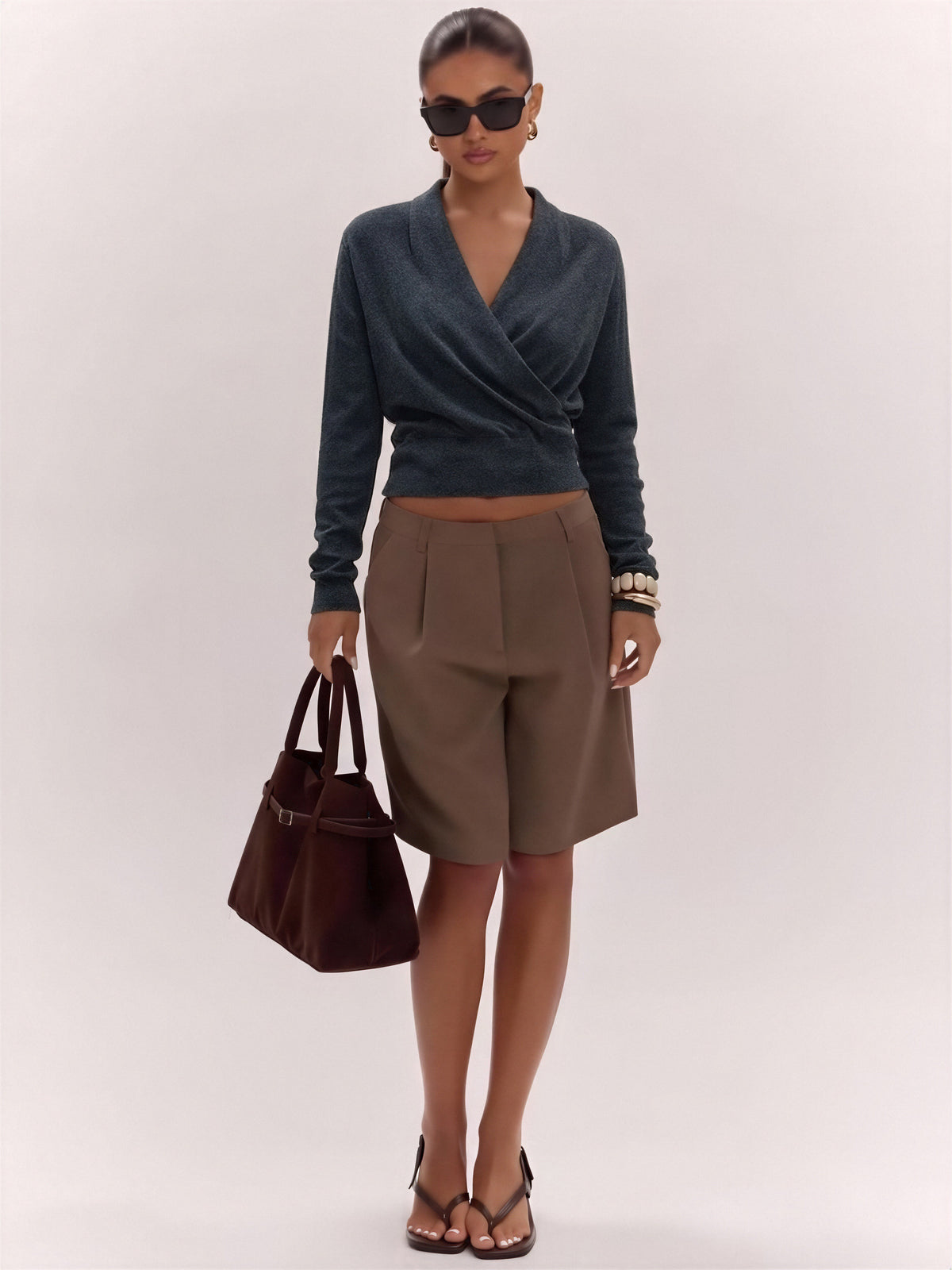 Wool Cross Wrap V Neckline, Fitted Waist, Long Sleeves